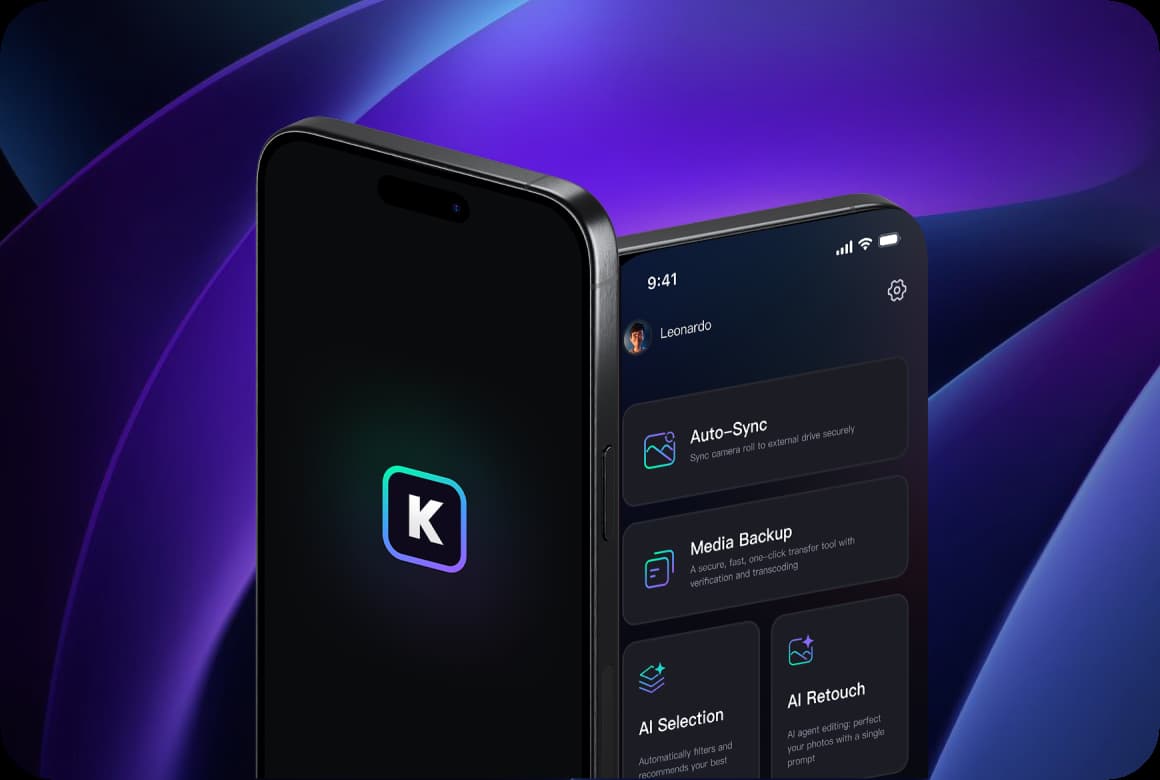 KOCARD App user interface for mobile camera backup, smart album sync, AI photo selection and retouch