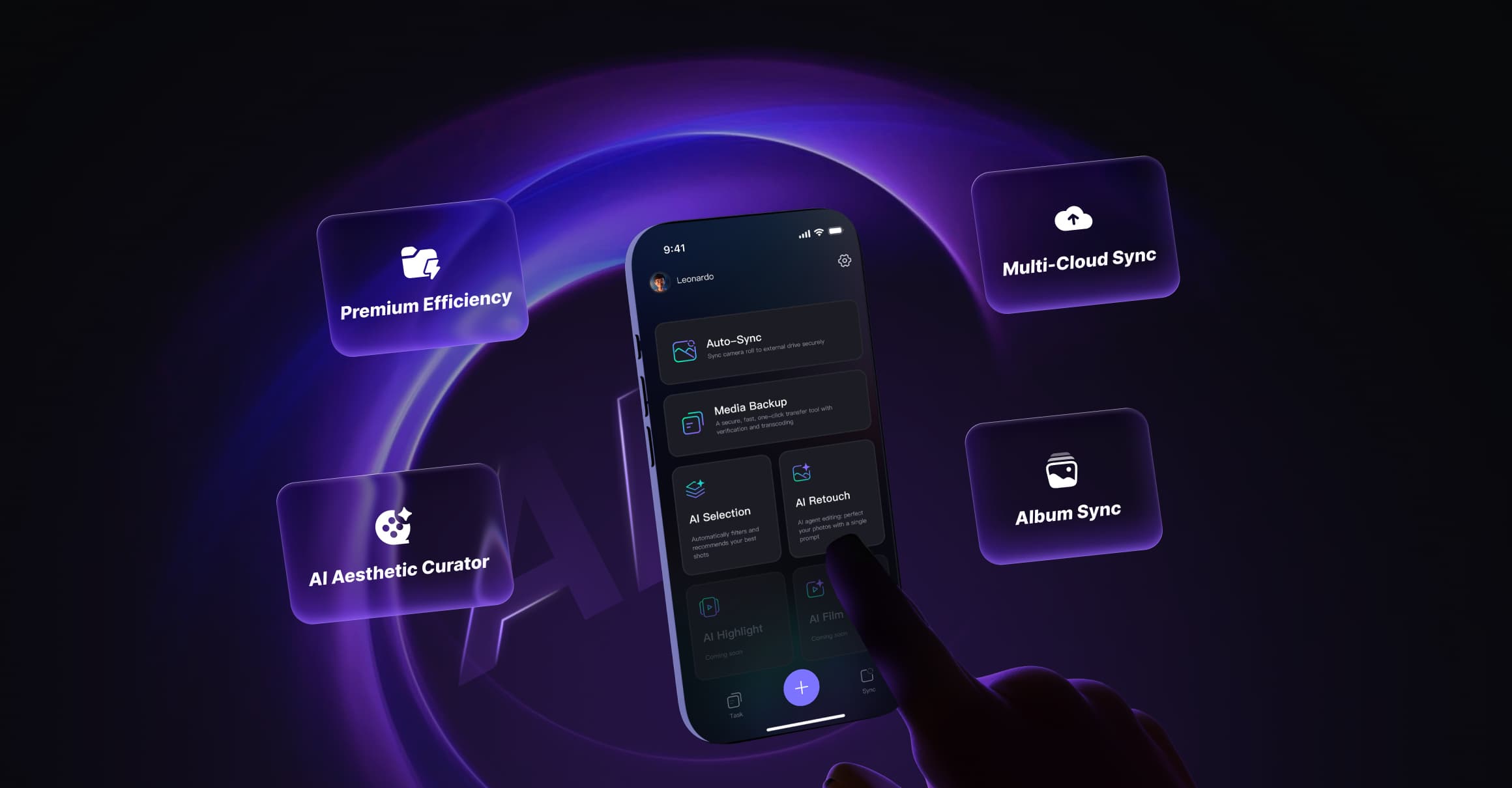 KOCARD App features showing Premium Efficiency, AI Aesthetic Curator, Multi-Cloud Sync, and Album Sync