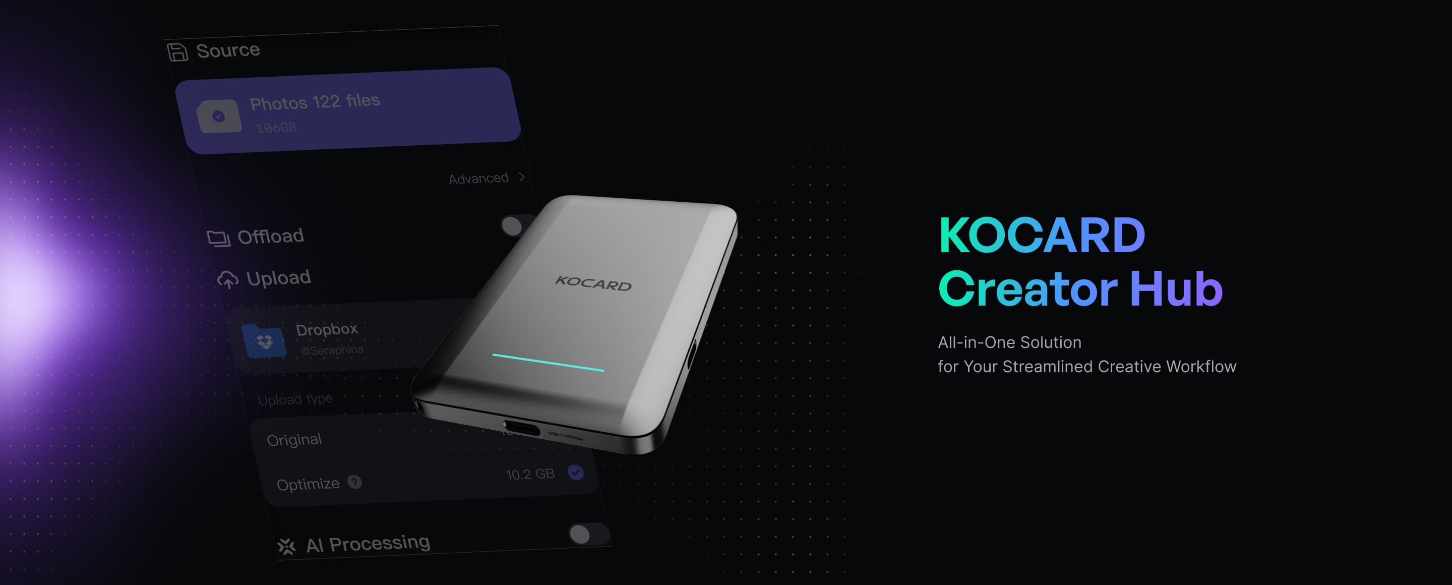 KOCARD Creator Hub featuring multifunctional portable SSD and App for streamlined mobile creative workflows
